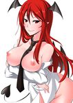  ass bat_wings between_breasts black_neckwear bottomless breast_lift breasts cleavage collarbone demon_tail head_wings koakuma large_breasts long_hair looking_at_viewer mizuno_asami naked_shirt necktie necktie_between_breasts nipples off_shoulder open_clothes open_shirt pointy_ears red_eyes red_hair shirt simple_background smile solo tail topless touhou white_background wings 
