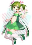  bad_id bad_pixiv_id bracelet dress fang green green_dress green_eyes green_footwear green_hair high_heels highres jewelry locadol_promotion midriff naako0023 navel open_mouth original shoes smile solo thighhighs twintails 