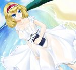  alice_margatroid beach blonde_hair blue_eyes book breasts collarbone covered_nipples dress large_breasts marl35 nipples see-through solo touhou white_dress 