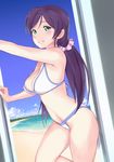  beach bikini blush breasts cleavage cloud day green_eyes grin large_breasts long_hair looking_at_viewer love_live! love_live!_school_idol_project outdoors purple_hair smile solo strap_gap swimsuit toujou_nozomi twintails wa_(genryusui) water 