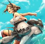  armpits breasts brown_hair chain gloves green_eyes hairband kantai_collection large_breasts machinery mutsu_(kantai_collection) open_mouth pekoneko short_hair sideboob solo thighhighs turret water 