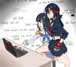  4chan artist_request black_hair blue_eyes blush computer english epaulettes fingerless_gloves gloves implied_yuri junketsu kill_la_kill kiryuuin_satsuki laptop long_hair matoi_ryuuko multicolored_hair multiple_girls pleated_skirt pun reading red_hair school_uniform senketsu serafuku short_hair sitting sitting_on_lap sitting_on_person skirt source_request spoilers stomach suspender_skirt suspenders sweat table text_focus two-tone_hair 