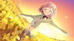  blush bow braid closed_eyes dutch_angle field flower flower_field game_cg hair_bow hair_flower hair_ornament kantoku outstretched_arms pink_hair rapeseed_blossoms scenery short_hair single_braid sleeves_past_wrists smile solo sunset your_diary yua_(your_diary) 