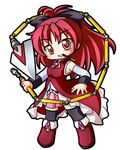  brooch chibi detached_sleeves dress food gem jewelry long_sleeves looking_at_viewer magical_girl mahou_shoujo_madoka_magica mouth_hold parted_lips pocky polearm red_dress red_eyes red_hair sakura_kyouko shinjitsu spear thighhighs transparent_background weapon wristband 