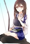  archery bad_id bad_pixiv_id black_legwear blush bow_(weapon) brown_eyes brown_hair highres japanese_clothes kaga_(kantai_collection) kantai_collection knees_together_feet_apart kyuudou long_hair muneate oouso open_mouth side_ponytail sitting skirt solo sweat thighhighs wariza weapon 