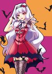  7nanappe bat dress fang fingerless_gloves foreshortening garter_straps gloves hairband halloween heart idolmaster idolmaster_(classic) jewelry long_hair my_dear_vampire nail_polish necklace outstretched_arm red_eyes red_nails shijou_takane silver_hair solo spider_web_print thighhighs 