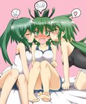  bare_shoulders barefoot bed bike_shorts blush breasts caam_serenity_of_gusto cheek_kiss closed_eyes collar double_cheek_kiss duel_monster embarrassed fang feet girl_sandwich green_eyes green_hair hair_ornament hair_ribbon heart highres jewelry kiramashi_(satsujinki) kiss large_breasts long_hair miniskirt multiple_girls open_mouth panties ponytail ribbon sandwiched siblings sisters sitting skirt spoken_expression spoken_heart surprised underwear white_panties winda_priestess_of_gusto wynn yuu-gi-ou 