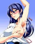  armpits blue_hair blush breasts covering covering_breasts cum cum_on_body cum_on_upper_body japanese_clothes kanten large_breasts love_live! love_live!_school_idol_project smell solo sonoda_umi sweat yellow_eyes 