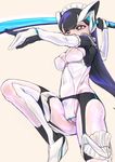  arm_up bare_shoulders black_hair breasts cameltoe covered_nipples garter_belt leg_up long_hair medium_breasts musen-shiki_sanhankikan nipples original solo squatting sword thighhighs weapon 