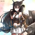  antennae arm_guards bad_id bad_pixiv_id bare_shoulders black_hair cannon clenched_hand groin headgear kantai_collection long_hair machinery midriff nagato_(kantai_collection) navel pleated_skirt red_eyes rin_yuu skirt smile solo standing stomach turret twitter_username white_skirt 