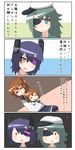  4koma =_= aqua_eyes black_legwear blush brown_hair chibi comic commentary_request eyebrows_visible_through_eyepatch eyepatch folded_ponytail green_hair hair_ornament hairpin hat headgear highres inazuma_(kantai_collection) kantai_collection kiso_(kantai_collection) long_sleeves multiple_girls nanodesu_(phrase) plasma-chan_(kantai_collection) puchimasu! purple_hair school_uniform serafuku shaded_face short_hair tenryuu_(kantai_collection) translated yellow_eyes yuureidoushi_(yuurei6214) 