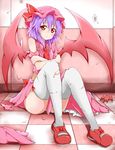  ascot bare_shoulders checkered checkered_floor karamoneeze lavender_hair looking_at_viewer mary_janes red_eyes remilia_scarlet shoes sitting solo thighhighs torn_clothes torn_legwear touhou white_legwear wings 