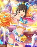  artist_request belt black_hair blush breasts cheerleader cleavage crop_top hair_bun hamaguchi_ayame idolmaster idolmaster_cinderella_girls looking_at_viewer midriff navel official_art open_mouth pom_poms skirt skirt_lift small_breasts smile wind wind_lift 
