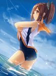  bad_id bad_pixiv_id brown_eyes brown_hair day i-401_(kantai_collection) kantai_collection light_rays nunucco profile sailor_collar school_swimsuit shirt_lift short_hair short_ponytail sky solo sunbeam sunlight swimsuit swimsuit_under_clothes wading water 