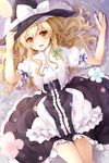  blonde_hair bow braid capelet curiosities_of_lotus_asia hat hat_bow highres kirisame_marisa looking_at_viewer open_mouth puffy_sleeves puracotte shirt short_sleeves single_braid skirt smile solo touhou white_bow witch_hat yellow_eyes 