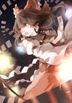  asuka_(louyun) bow brown_eyes brown_hair danmaku detached_sleeves gohei hair_bow hair_tubes hakurei_reimu long_sleeves ofuda open_mouth shirt skirt skirt_set solo spell_card touhou 