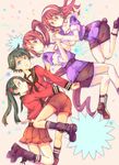  ashigara_(kantai_collection) belt black_hair green_eyes hairband holding_hands hug kantai_collection long_hair mikuma_(kantai_collection) mogami_(kantai_collection) multiple_girls nachi_(kantai_collection) orange_eyes pantyhose puffy_sleeves red_hair school_uniform short_hair short_sleeves shorts side_ponytail skirt smile sweatdrop takitarou twintails very_long_hair wavy_hair 