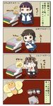  &gt;_&lt; :d ahoge anchor_symbol bare_shoulders blue_neckwear blue_skirt book_stack brown_hair bug burning_love_(phrase) butterfly chibi closed_eyes comic commentary detached_sleeves double_bun hair_ornament hairband hatsuyuki_(kantai_collection) highres insect japanese_clothes kantai_collection kongou_(kantai_collection) long_hair miyuki_(kantai_collection) multiple_girls open_mouth pleated_skirt puchimasu! school_uniform short_hair skirt smile sparkle translated trembling wavy_mouth xd yuureidoushi_(yuurei6214) 
