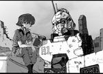  1boy damaged ez-8_gundam gundam gundam_08th_ms_team mecha military military_uniform monochrome shiro_amada sitting uniform 