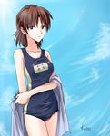  1girl akagi_ritsuko artist_name bare_shoulders breasts brown_hair collarbone competition_swimsuit expressionless female green_eyes holding kamo. looking_at_viewer mole name_tag neon_genesis_evangelion neon_genesis_evangelion_(manga) one-piece_swimsuit short_hair solo standing swimsuit tagme towel younger 
