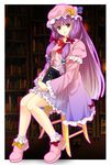  bad_id bad_pixiv_id blue_eyes book bookshelf bow chair crescent full_body hair_bow hat highres long_hair looking_at_viewer patchouli_knowledge purple_hair sitting solo touhou x&amp;x&amp;x 