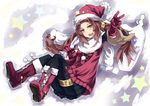  boots christmas duel_monster gishki_emilia gloves hat jewelry long_hair normaland open_mouth pantyhose red_eyes red_gloves red_hair ringlets santa_boots santa_costume santa_hat sidelocks skirt solo twintails v yuu-gi-ou 
