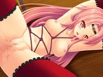  1girl arms_behind_head bdsm blush bondage bound breasts censored collarbone dbsm diadem female gakuen_sei_senshi_sailor_knight_2:_seigi_no_heroine_kanzen_akuochi_manual game_cg long_hair nipple nipples open_mouth pink_hair red_eyes rope sakura_romako shinku_tsukihime solo straight_hair 