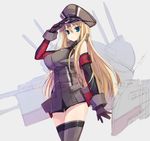  bismarck_(kantai_collection) black_gloves blonde_hair blue_eyes breasts elbow_gloves gloves grey_legwear hat kantai_collection large_breasts long_hair military military_hat military_uniform peaked_cap salute sketch solo tahya thighhighs uniform very_long_hair zettai_ryouiki 