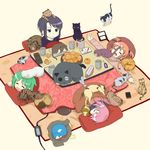  animal animal_on_head cat cat_on_head food fruit green_hair hatano_kirie kamishima_mihori kikuno_mira kotatsu kuromine_koyuki mandarin_orange multiple_girls on_head original pink_hair porurin purple_hair shiori_series sleeping table too_many too_many_cats 