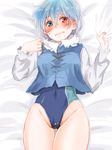  bed_sheet blue_eyes blue_hair blush cameltoe competition_swimsuit heterochromia looking_at_viewer meiji_(charisma_serve) one-piece_swimsuit red_eyes sheet_grab short_hair solo swimsuit swimsuit_under_clothes tatara_kogasa thigh_gap touhou 