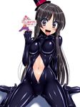  akiyama_mio black_eyes black_hair bodysuit can't_show_this censored hat highres k-on! long_hair middle_finger navel_cutout novelty_censor sen_(sansui) tongue tongue_out top_hat 