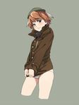  animal_ears aqua_eyes blush covering covering_crotch dog_ears hat isabelle_du_monceau_de_bergendal jacket looking_at_viewer no_pants noble_witches orange_hair panties short_hair sleeves_past_wrists solo underwear uno_ichi white_panties world_witches_series 