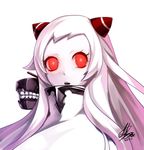  airfield_hime darkmaya horns kantai_collection long_hair open_mouth pale_skin red_eyes shinkaisei-kan solo teeth upper_body white_hair 