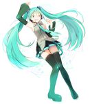  aqua_eyes aqua_hair armpits bare_shoulders beamed_eighth_notes beamed_sixteenth_notes full_body hatsune_miku headphones long_hair miniskirt musical_note necktie one_eye_closed penki skirt smile solo staff_(music) thighhighs twintails vocaloid white_background zettai_ryouiki 