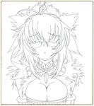  bad_id bad_pixiv_id breasts cleavage closed_eyes fuurin_rei greyscale highres large_breasts lineart long_hair monochrome original shikishi solo tomoyan_(nyakkoya) upper_body 
