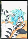 animal_ears ass bad_id bad_pixiv_id blue_hair fuurin_rei highres long_hair looking_at_viewer looking_back lying nude on_stomach open_mouth original smile solo tail tomoyan_(nyakkoya) traditional_media yellow_eyes 