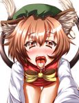  all_fours animal_ears blush bottomless bow brown_eyes brown_hair cat_ears cat_tail chen commentary_request hat heart highres long_sleeves looking_at_viewer mob_cap multiple_tails nekomata open_mouth saliva shirt solo tail tongue tongue_out touhou vest white_day zan_(harukahime) 