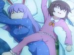  animal_ears brown_hair buck_teeth bunny_ears carrot closed_eyes futon inaba_tewi long_sleeves lying lying_on_person multiple_girls on_back on_side open_mouth pajamas pillow purple_hair reisen_udongein_inaba shirosato sleeping sleeping_on_person smile sweat tatami touhou 