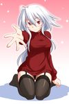  black_legwear borrowed_character breasts fuurin_rei garter_straps glasses ikune_juugo large_breasts long_hair looking_at_viewer original outstretched_hand red_eyes seiza sitting smile solo sweater thighhighs white_hair 