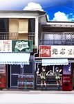  blue_hair blue_sky braid brand_name_imitation brown_eyes brown_hair building cloud coca-cola day food gashapon gashapon_machine hand_on_hip kantai_collection kitakami_(kantai_collection) kooribata multiple_girls ooi_(kantai_collection) open_mouth popsicle satou_yuuki school_uniform serafuku single_braid skirt sky smile sprite_(drink) translation_request vending_machine 