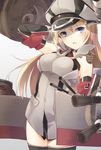  bad_id bad_pixiv_id bismarck_(kantai_collection) blonde_hair blue_eyes blush breasts brown_gloves cannon gloves grey_legwear hat kantai_collection large_breasts long_hair looking_at_viewer open_mouth peaked_cap solo thighhighs yuzumochi 