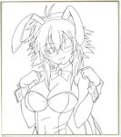 animal_ears bad_id bad_pixiv_id breasts bunny_ears cleavage fuurin_rei greyscale highres large_breasts lineart long_hair looking_at_viewer monochrome one_eye_closed original shikishi smile solo tomoyan_(nyakkoya) 