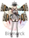  :o bad_id bad_pixiv_id bismarck_(kantai_collection) blonde_hair blue_eyes blush boots breasts brown_gloves cannon character_name detached_sleeves engiyoshi gloves grey_footwear grey_legwear hand_on_hip hat kantai_collection large_breasts long_hair looking_at_viewer open_mouth peaked_cap solo thighhighs 
