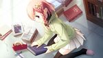  black_legwear blush book flower game_cg hair_flower hair_ornament holding holding_book kantoku looking_at_viewer pink_eyes pink_hair short_hair skirt solo thighhighs your_diary yua_(your_diary) 
