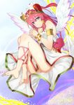  ankle_lace-up armlet bad_id bad_pixiv_id bare_shoulders barefoot bracelet cross-laced_footwear feet hands_clasped hati105 headdress heart heart-shaped_pupils highres jewelry long_hair looking_at_viewer own_hands_together pink_hair puzzle_&amp;_dragons smile solo symbol-shaped_pupils venus_(p&amp;d) wings yellow_eyes 