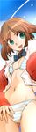  bikini blush bow bowtie breasts brown_hair cameltoe ez6 green_eyes jacket navel no_pants open_clothes open_shirt red_jacket shirt short_hair small_breasts solo striped striped_bikini suzuki_yua swimsuit tesagure!_bukatsu-mono 