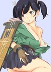  black_hair blue_eyes blush breasts brown_gloves cleavage fingerless_gloves gloves hair_ribbon japanese_clothes kantai_collection large_breasts off_shoulder open_mouth ribbon short_hair simple_background skirt solo souryuu_(kantai_collection) twintails wa_(genryusui) 