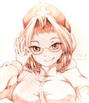  adjusting_eyewear bespectacled breasts glasses hat high_collar large_breasts long_sleeves looking_at_viewer nurse_cap smile solo touhou traditional_media upper_body yagokoro_eirin yanmarson 