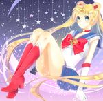  absurdres bishoujo_senshi_sailor_moon bishoujo_senshi_sailor_moon_crystal blonde_hair blue_eyes blue_sailor_collar blue_skirt boots bow brooch choker crescent double_bun elbow_gloves full_body gloves hair_ornament hairpin highres jewelry kinako217 knee_boots long_hair magical_girl purple_background red_bow red_choker ribbon sailor_collar sailor_moon sailor_senshi_uniform sitting skirt smile solo star tsukino_usagi twintails white_gloves 