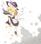  1girl apron black_dress black_footwear blonde_hair bow burning commentary dress english_commentary fire frilled_dress frills gameplay_mechanics hat hat_bow highres holding holding_weapon jumping kirisame_marisa long_hair mary_janes parody purple_bow rocket_jumping rocket_launcher shoes short_sleeves skirt smoke socks solo speed_lines star team_fortress_2 the_soldier touhou waist_apron weapon white_legwear witch_hat wool_(miwol) yellow_eyes 